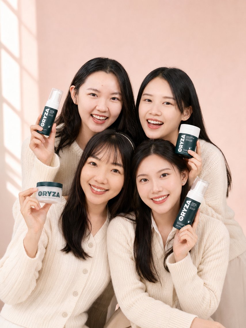 Four friends happy together with The Skin Lovers products